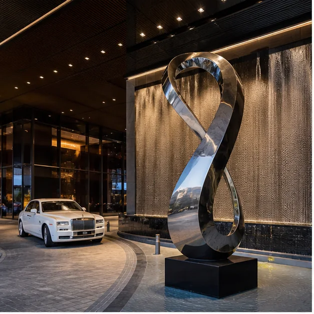 Contemporary stainless steel sculpture in a premium hotel lobby environment