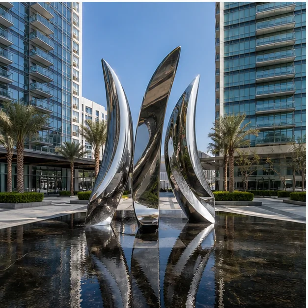 Featured stainless steel sculpture project placeholder in a landscaped UAE plaza