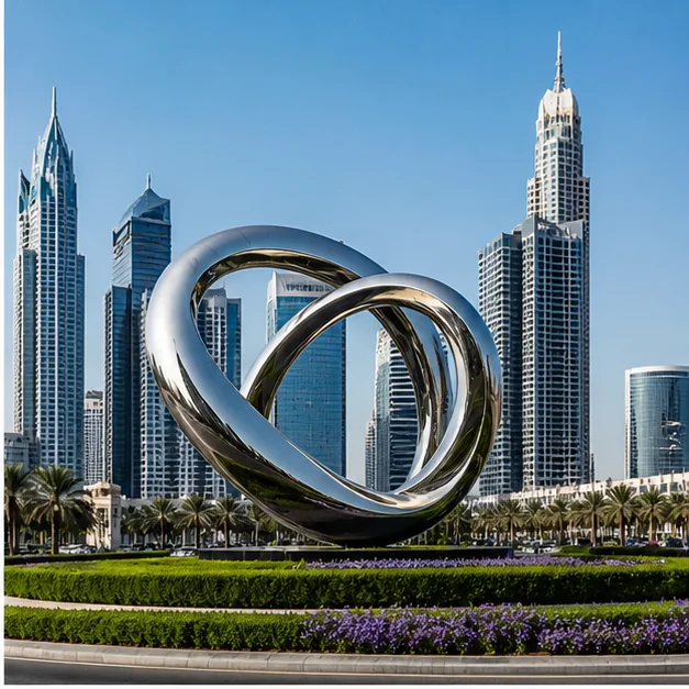 Stainless steel sculpture designed as a roundabout or public landmark in the UAE