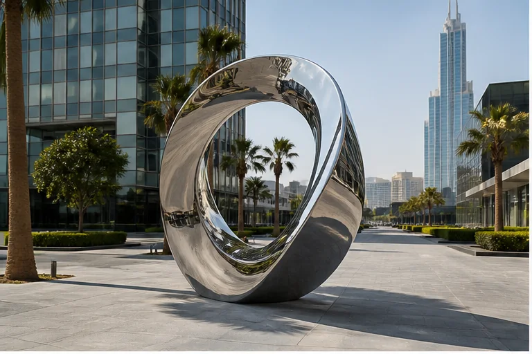 Large contemporary stainless steel sculpture in a premium Dubai plaza