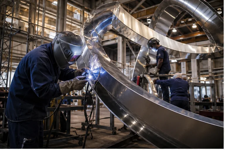 Fabricators working on a custom stainless steel sculpture in a professional workshop