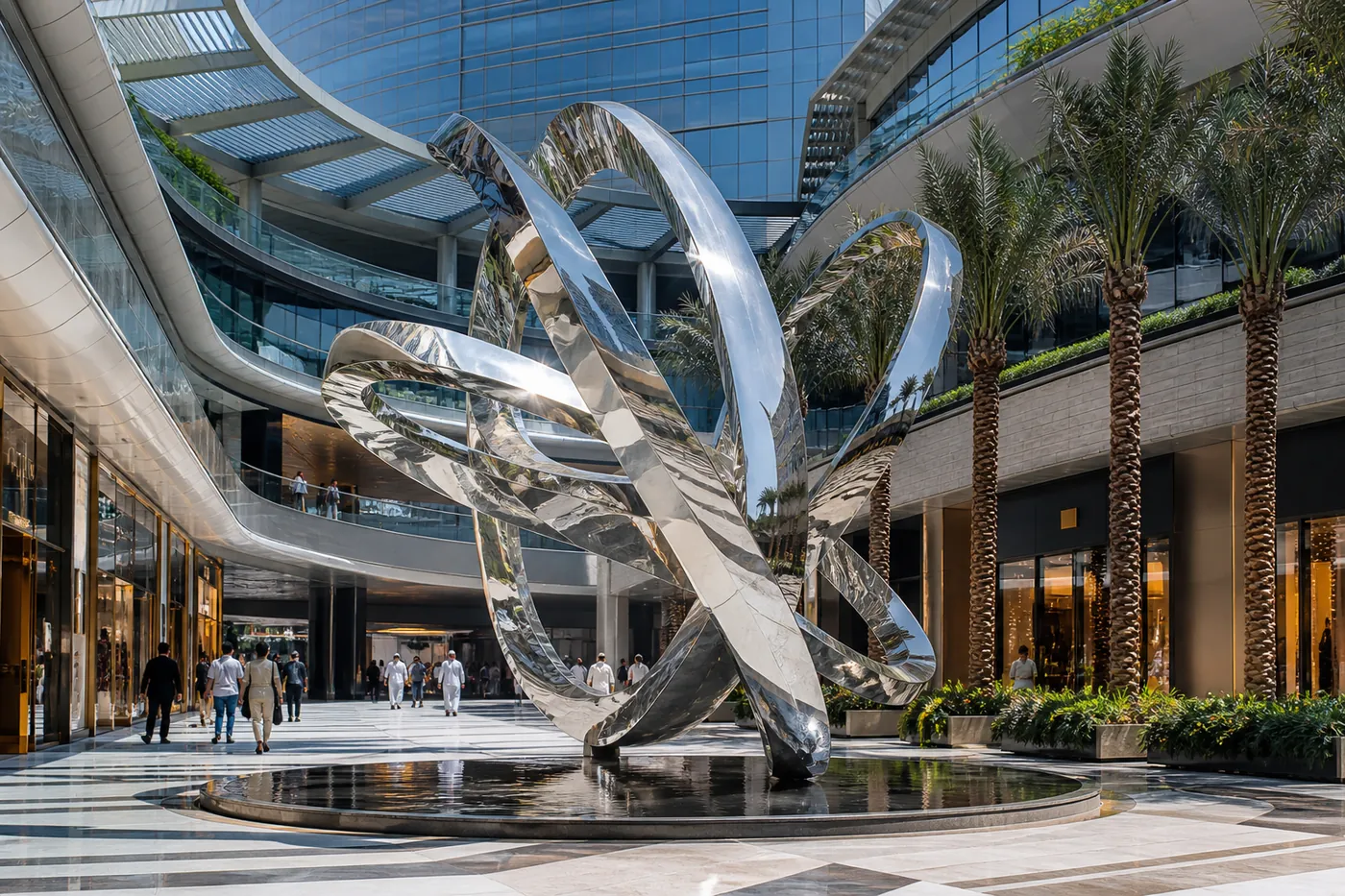 Reflective stainless steel sculpture in a shopping mall plaza