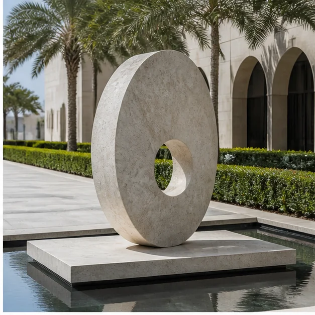 Stone sculpture in a formal outdoor architectural setting