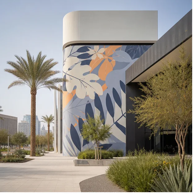 Contemporary street-art mural integrated with modern UAE architecture