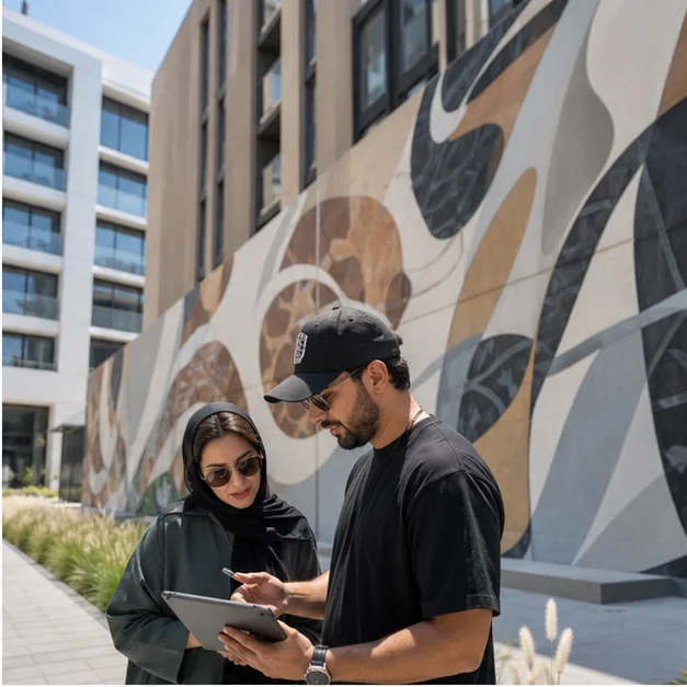 Artist reviewing concept direction for a commissioned mural project