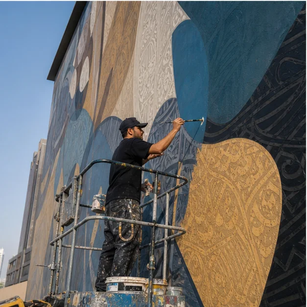 Professional artist executing a custom mural on a large UAE wall