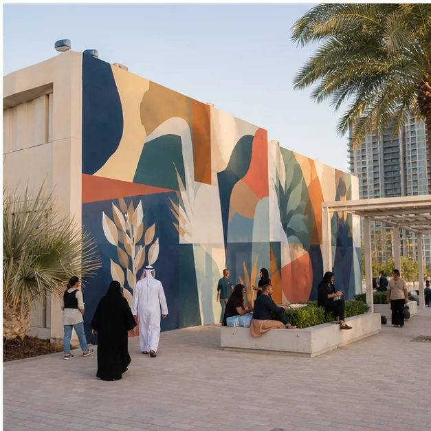Public interaction with a finished commissioned mural