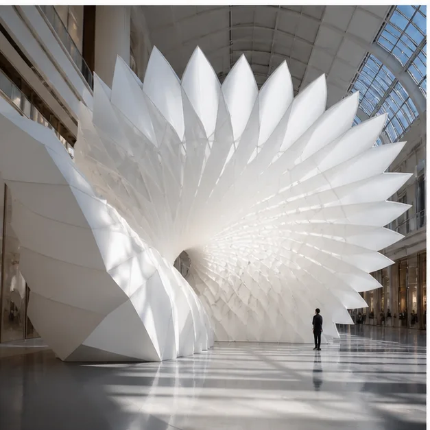 Architectural-scale temporary Styrofoam installation inside a large venue