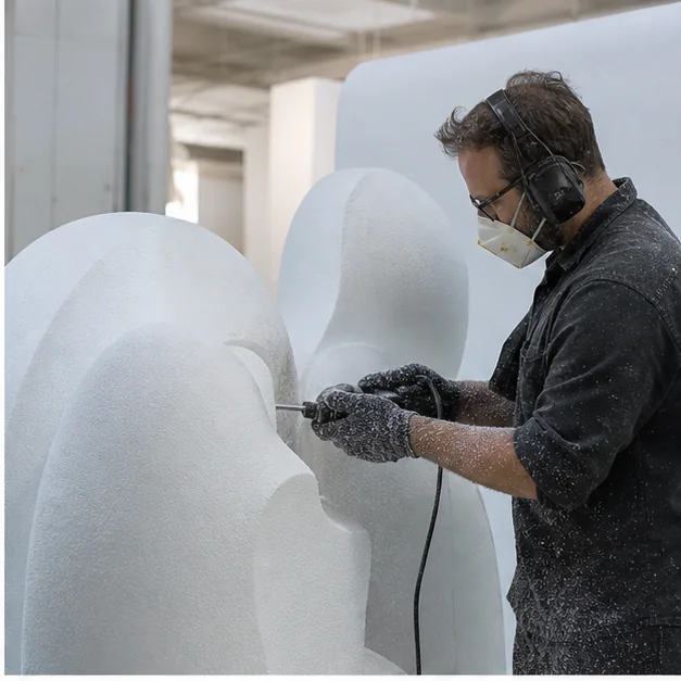 Artist shaping a large Styrofoam sculpture in a specialized fabrication workshop