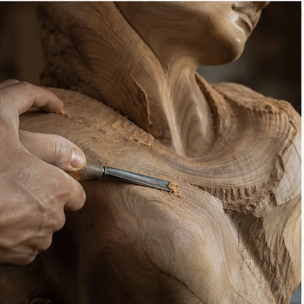 Wooden sculpture mid-carving with visible shaping and grain