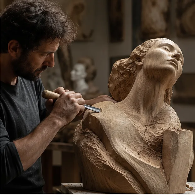Artist carving a custom wooden sculpture in a professional studio workshop