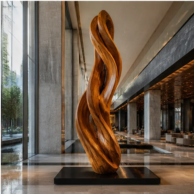Full handcrafted wooden sculpture in a premium architectural setting