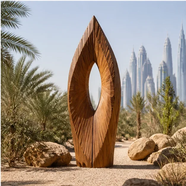 Large architectural or landscape wooden sculpture with visible human scale