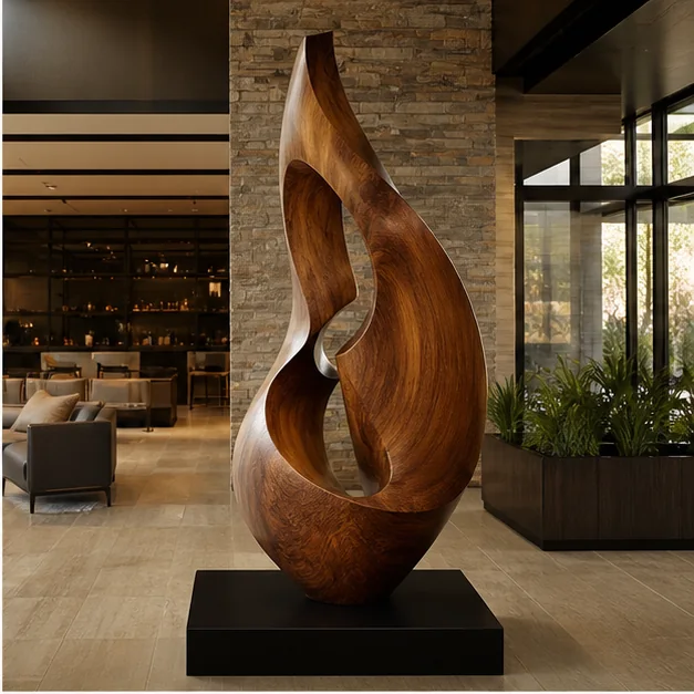 Medium statement wooden sculpture in a hospitality or residential setting