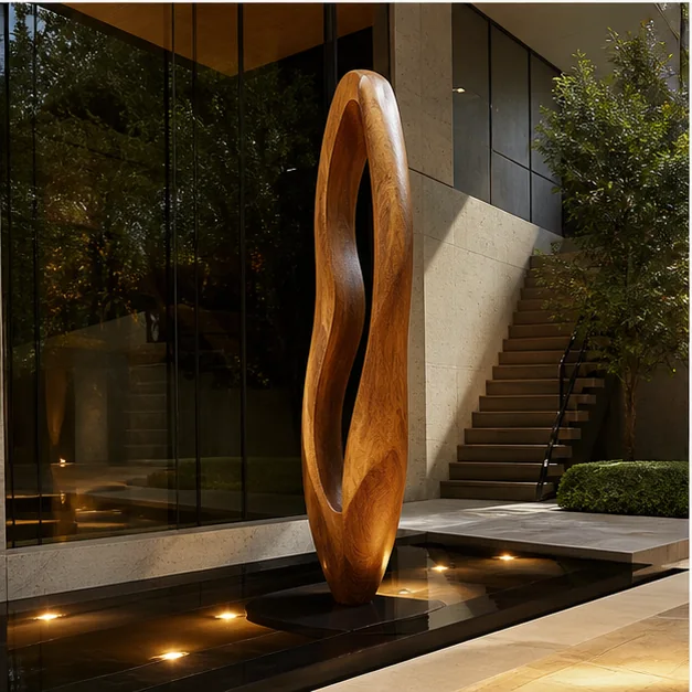 Wooden sculpture integrated with stone, concrete, glass, and warm architectural lighting