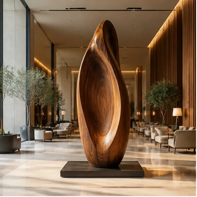 Handcrafted wooden sculpture in a premium UAE architectural setting