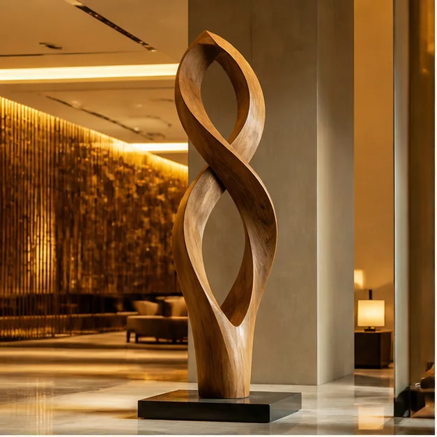 Handcrafted wooden sculpture in a luxury Dubai hotel lobby
